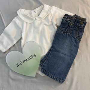 Gymboree - Vintage White Long Sleeve Onesie and Blue Jeans with embroidery Set